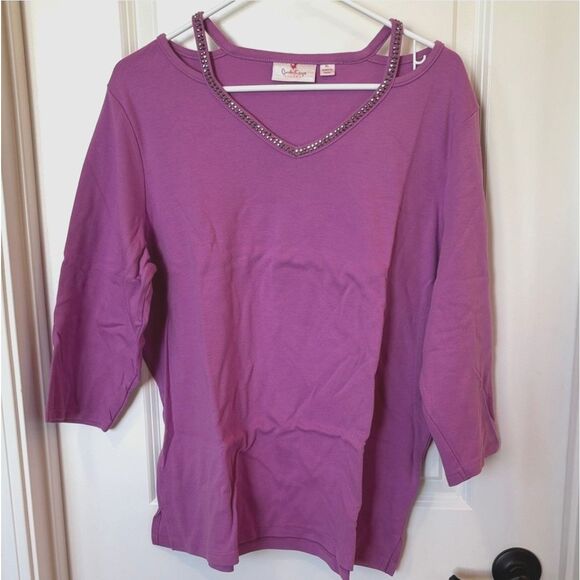 Quacker Factory Rhinestone Cut Out Purple Blouse Women Sz XL 3/4 Sleeve Stretch - Picture 2 of 6